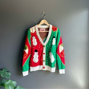 Tipsy Elves Women V Neck Cardigan Ugly Knit Sweater with Snowmen Red Green White